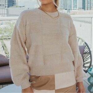 women’s cream textured checkered sweater - vestique!